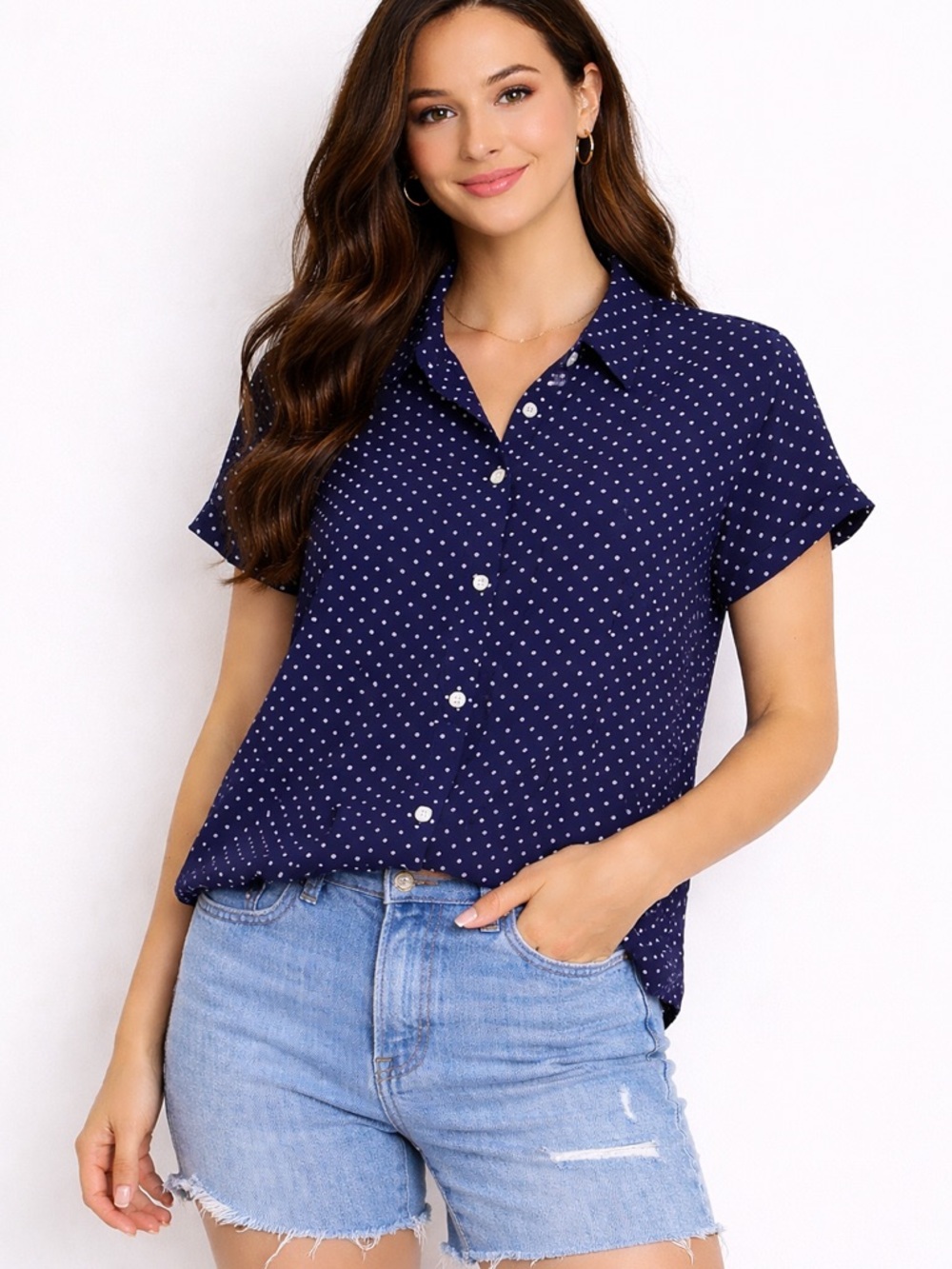 Collared Blue And White Polka Dot Button Up Shirt Womens Office Classic